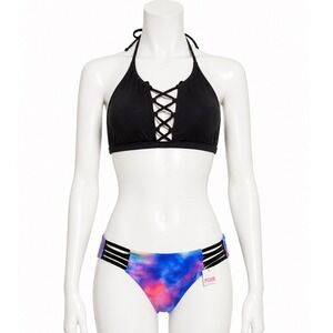 Victoria's Secret PINK Bikini Set Black Lace Up Top Tie Dye Caged Bottoms Small
